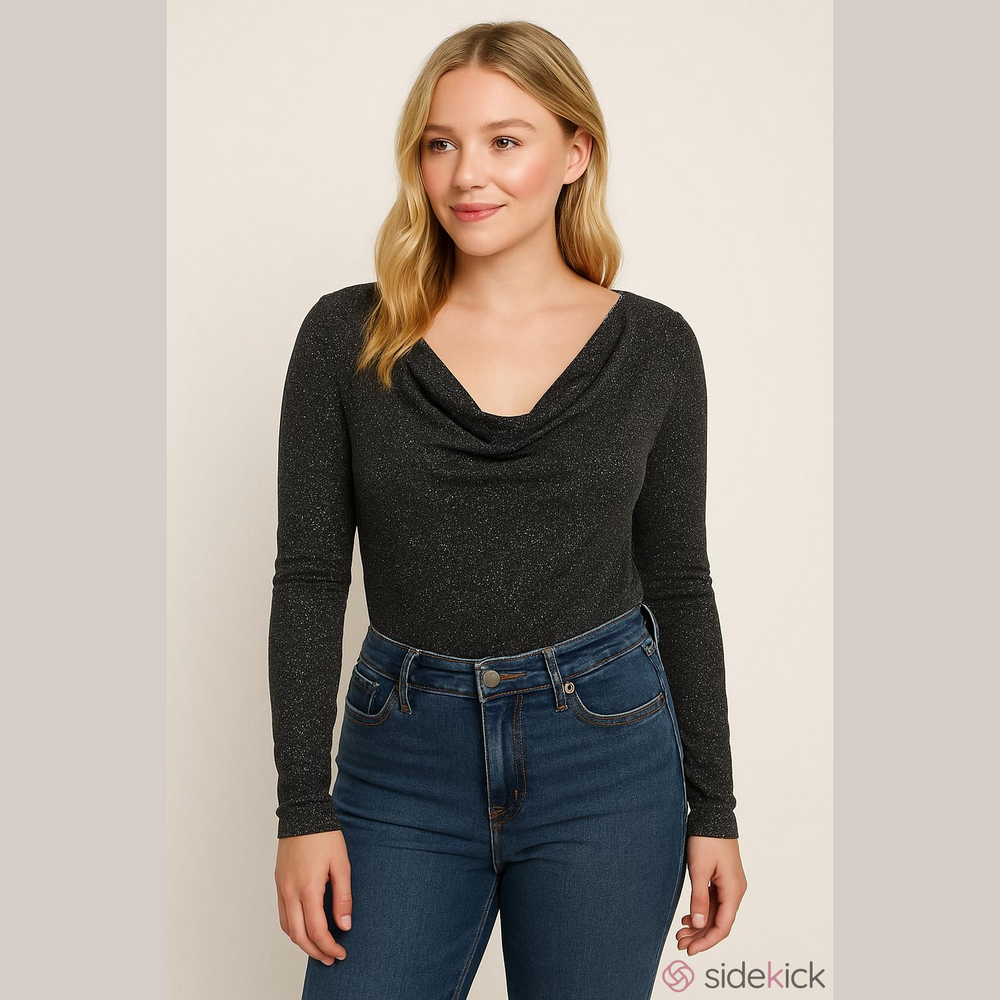 Kori Black Glitter Long Sleeve Bodysuit Shimmer Knit Small Party Cowl Neck